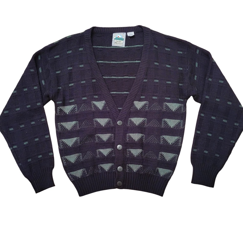 South Mountain L Cardigan Black Green Geometric V Neck Knit Coastal Grandpa - Picture 1 of 4